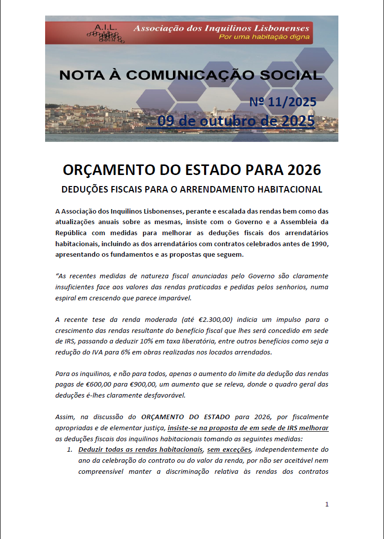 Orçamento do Estado para 2026 - Deduções Fiscais para o Arrendamento Habitacional