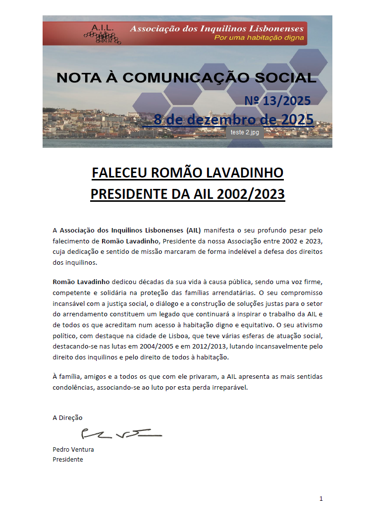 Com profundo pesar, comunicamos o falecimento de Romão Lavadinho, Presidente da AIL de 2002 a 2023